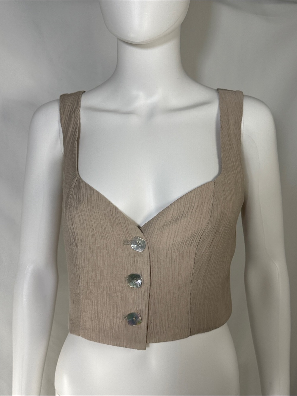 Jason Wu Tan Crepe Cropped Vest Tank Top Pearl Buttons Small